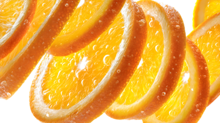 Slices of fresh orange floating in a spiral pattern on white background with water droplets, vibrant and appetizing with orange slice and fruit