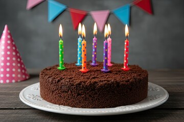 chocolate birthday cake with lit happy birthday letter candles on plate, festive party decoration with bunting flags, celebration dessert and greeting concept
