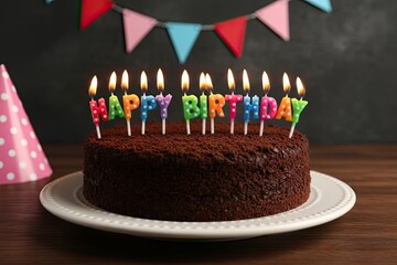 chocolate birthday cake with lit happy birthday letter candles on plate, festive party decoration with bunting flags, celebration dessert and greeting concept