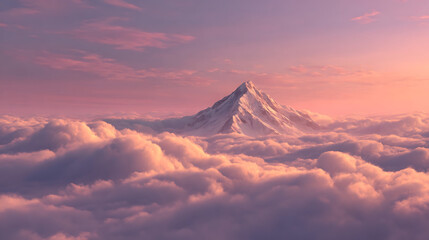 Snow- Capped Mountain Peak Above Pink Clouds at Sunrise