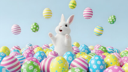 A white easter bunny surrounded by colorful eggs and light blue background