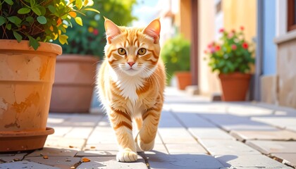 Ginger tabby cat walking on a sunny street with potted plants.