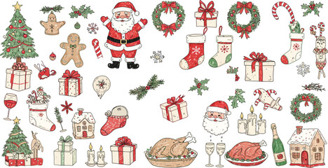 Fototapeta premium Christmas icons and symbols illustration with santa claus and decorations