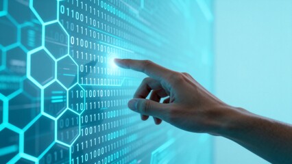 Hand interacting with digital binary code