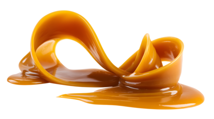 Thick golden caramel sauce pouring down in a ribbon on a white background smooth shiny liquid dessert topping with food and culinary and gourmet