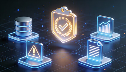 Digital security and data compliance concept featuring a glowing shield with a checkmark surrounded by database storage risk warning analytics and document management icons