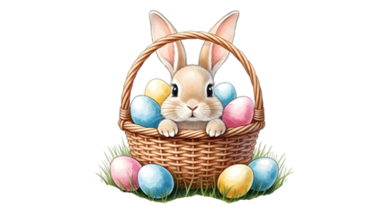 Easter bunny sitting in a basket with colorful eggs isolated on transparent background