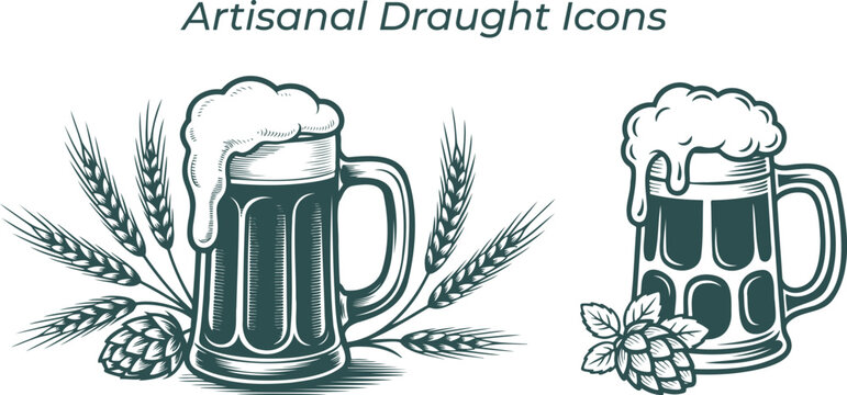 Hand-Drawn Artisanal Draught Beer Mug Graphics featuring Realistic Wheat Stalks and Hops for Craft Brewery Branding, Pub Menu Design, and Vintage Alcohol Labeling