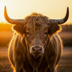 Golden Hour Majesty: A Highland Bull's Intense Gaze at Sunset