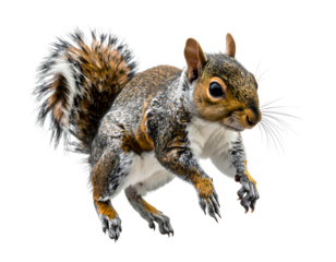 Jumping grey brown squirrel isolated on a white background as transparent PNG – An im jpg 