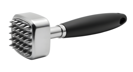 Stainless Steel Meat Tenderizer with Black Handle on White Background.