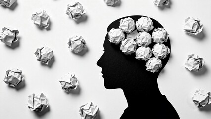 Silhouette of head with crumpled paper balls