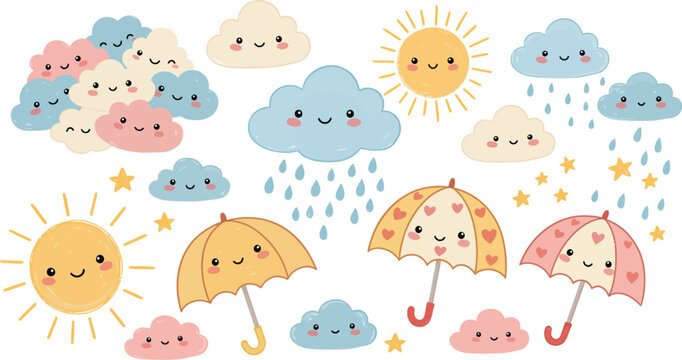 Whimsical cartoon weather icons with smiling faces in various colors