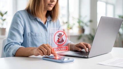 A woman is using a laptop and smartphone with a digital security shield displaying a blocked hacker icon emphasizing online safety