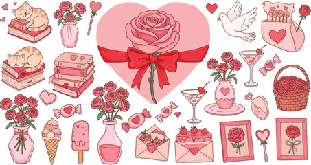 Hand drawn wedding accessories and floral icons featuring pink roses and vintage hearts create a romantic vector design for a love greeting card or invitation