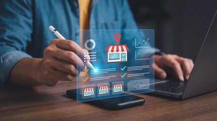 A professional utilizes technology interacting with a holographic display showcasing local business data and analytics on a smartphone high quality detailed