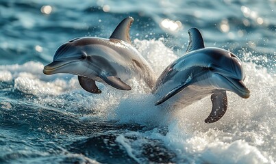 Obraz premium Playful dolphins joyfully leaping from the sparkling blue ocean