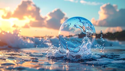 Water Globe Splashing at Sunset, Ocean Concept