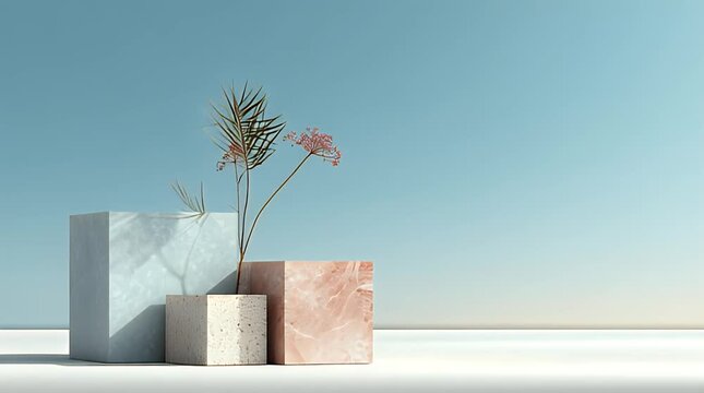 Three varied stone cubes displaying foliage, set against a pale sky backdrop and glossy surface
