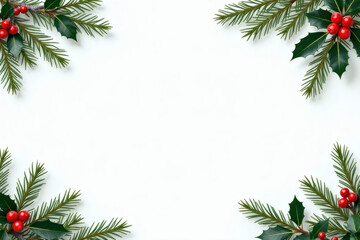 Christmas foliage frame with pine branches and holly