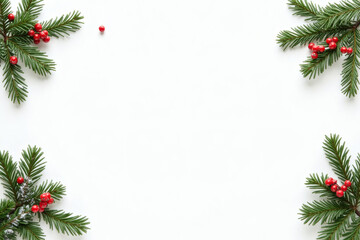 Winter pine branches and holly berries corner border