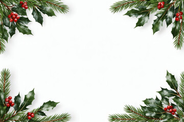 Evergreen pine and holly border with white copy space