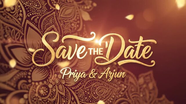 Elegant invitation design with gold script "Save the Date," set against an ornate, decorative gold pattern