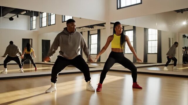 Energetic people dance together in a studio, full of mirrors and natural light. They display fluid movements