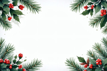 Pine and holly leaves growing from corners on white