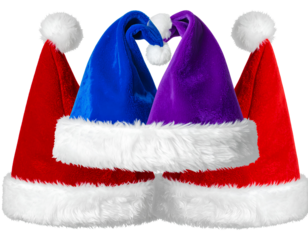 PNG image of Festive red purple and blue santa hats with white fur trim perfect for cjpg 