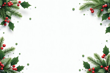 Festive winter frame with pine branches and holly berries