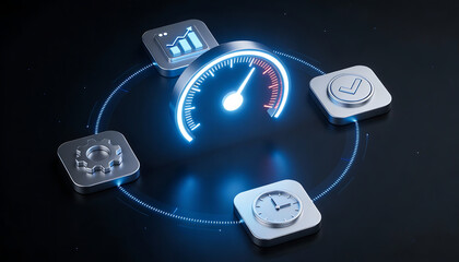 Artificial intelligence performance monitoring concept featuring a glowing 3D speedometer connected to digital icons for data analytics process automation time management and verification