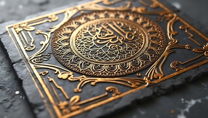 Intricate golden islamic calligraphy ornament on a textured dark slate surface, 3d luxury premium design