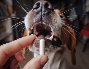 Close-Up of Hand Giving Dog a Morning Supplement. Morning Wellness Routine with Pets. A person's hand carefully feeding an morning supplement directly to a dog's waiting open mouth.

