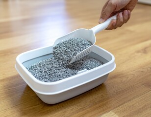 Close-Up of Hand Refilling Cat Litter Box. Morning Wellness Routine with Pets. A person's hand pouring clean litter from an scoop/bag into a empty litter box symbolizing the start of day pet hygiene.
