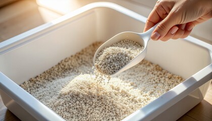 Close-Up of Hand Refilling Cat Litter Box. Morning Wellness Routine with Pets. A person's hand pouring clean litter from an scoop/bag into a empty litter box symbolizing the start of day pet hygiene.
