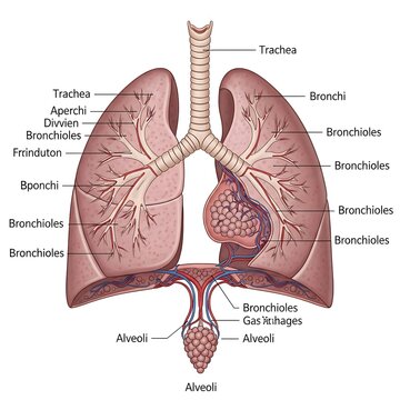 Detailed anatomical illustration of the human respiratory system, highlighting key components.