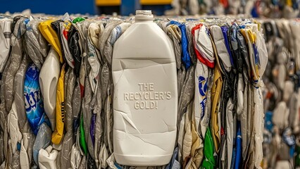 Compressed Plastic Bottles and Containers Bundle at Recycling Facility with Recycler's Gold Text