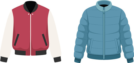 Colorful Puffer and Varsity Jacket Illustration Set, Featuring Modern Winter Apparel Graphic Design Elements © Majnur