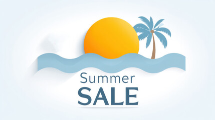 Bright summer sale graphic with sun, palm tree, and waves, perfect for promotional materials and marketing campaigns.