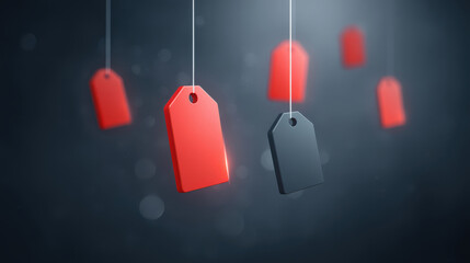 A creative abstract display of hanging price tags in red and black against a dark background.