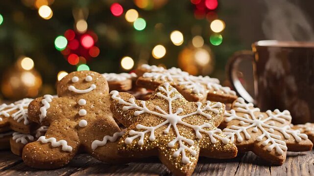 Festive cookies on a rustic wooden surface with Christmas tree lights in soft background focus