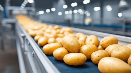 Fresh potatoes on a conveyor belt ready for packaging in an industrial facility.