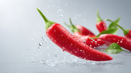Fresh red chilies splashing in water, showcasing vibrant colors and freshness.