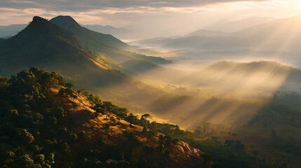 Sun rays illuminate rolling hills and misty valleys at dawn