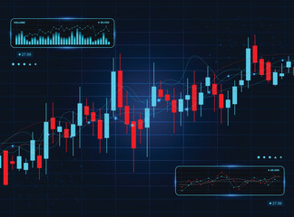 Abstract background of financial stock market chart with blue and red Japanese candlesticks, volume bars, and glowing data graphs on a dark grid.