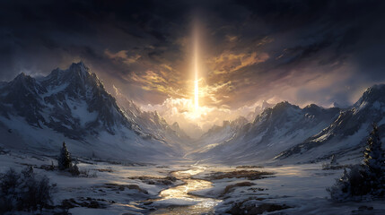 Sunbeam Over a Winding River in a Snowy Landscape mountain