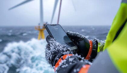 Close-up of gloved hands holding a smartphone with a wind turbine in the background on a stormy sea.