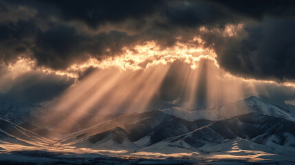 Sunbeams Illuminate Snowy Mountain Valley Under Dark Clouds