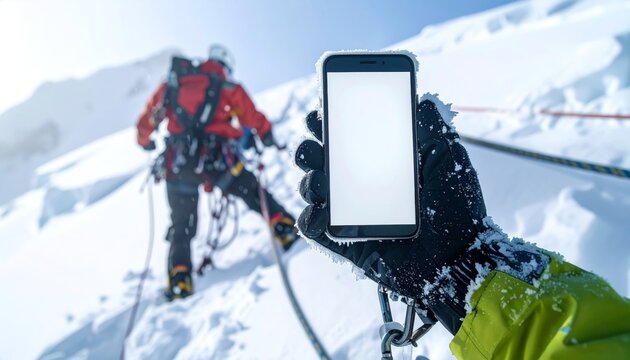 Mountaineer uses smartphone on snowy mountain peak with climber ahead.